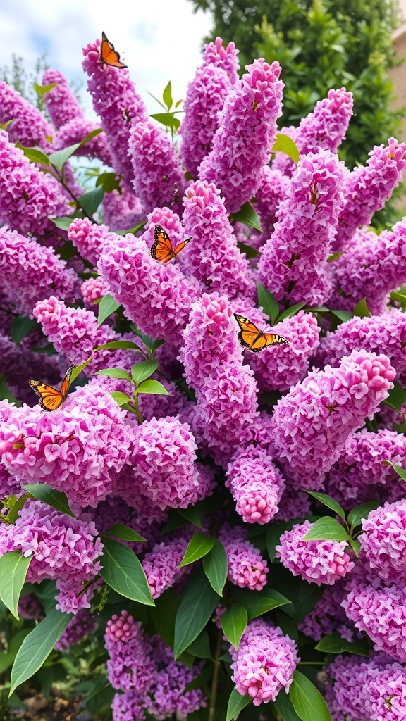 Vibrant lilac flowers with butterflies