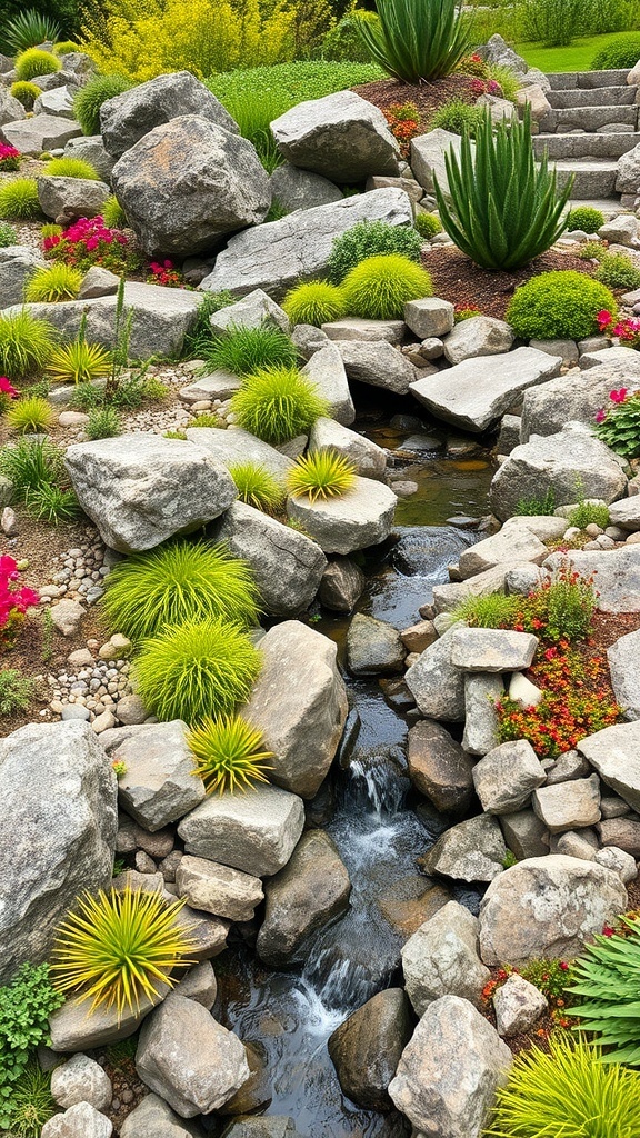 A serene rock garden featuring various sizes of rocks, lush green plants, and a small waterfall.
