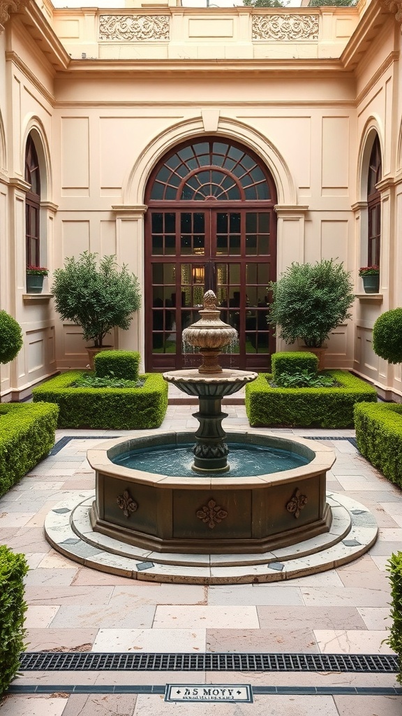 An elegant courtyard garden with trimmed hedges, a central fountain, and potted plants.