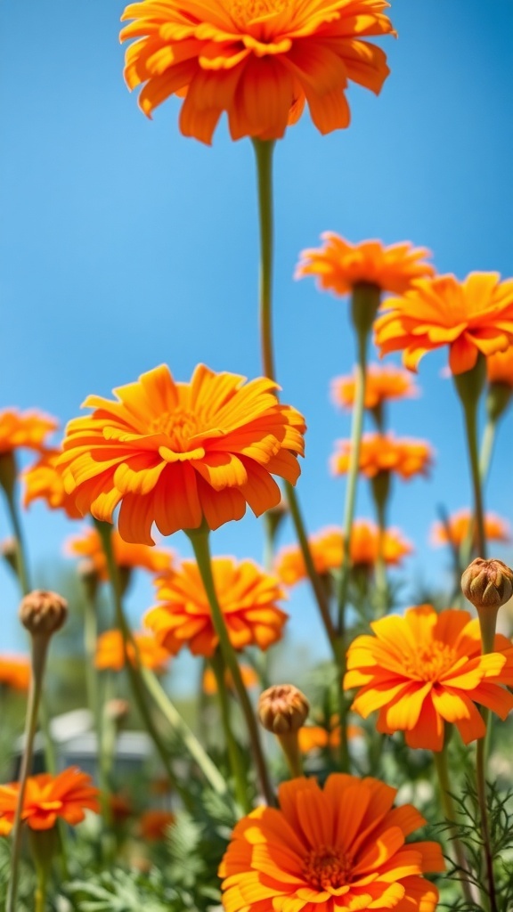 A close-up view of bright orange marigold flowers against a clear blue sky.