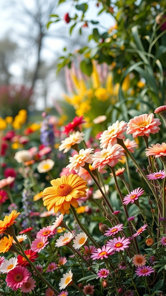 A colorful flower garden with a variety of blooms including yellow, pink, and red flowers.