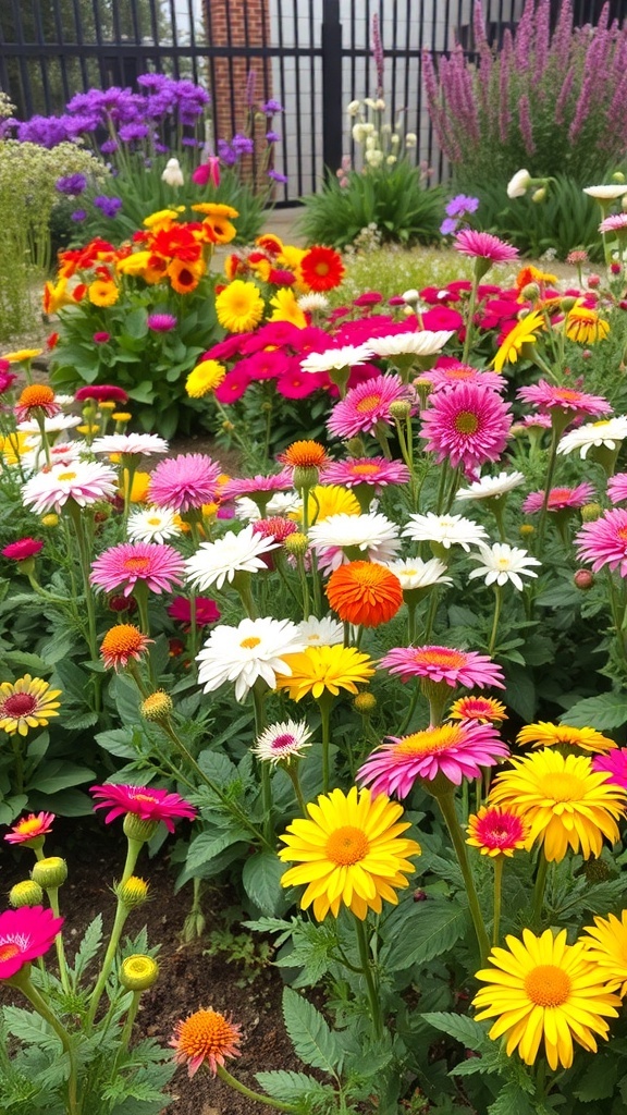 A colorful flower garden with various blooms including daisies, gerbera daisies, and zinnias.