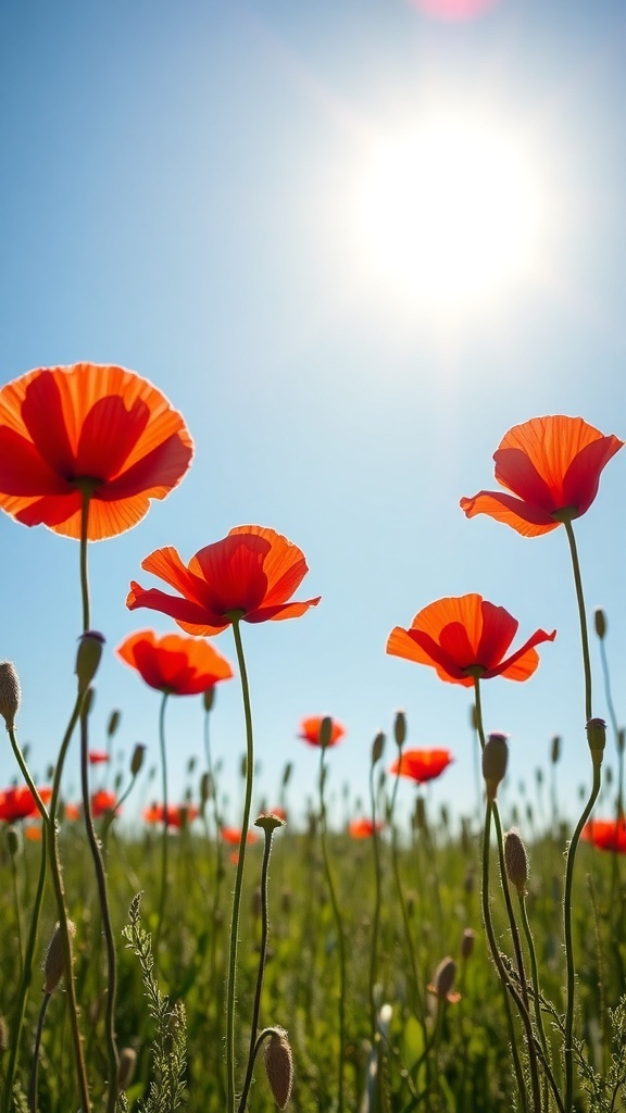 A field of bright red poppies under a clear blue sky with the sun shining brightly.