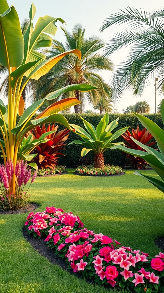 A vibrant tropical garden featuring lush green grass, large banana leaves, palm trees, and colorful flowers.