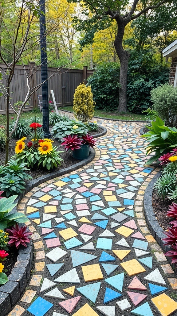 A colorful mosaic pathway surrounded by vibrant flowers and greenery in a garden.