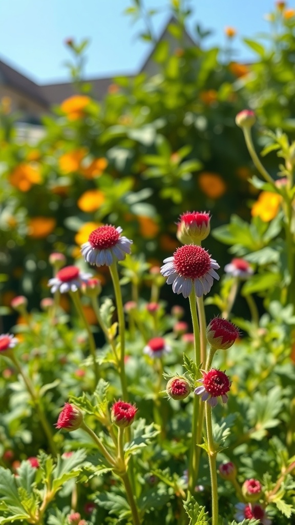 A close-up of Sea Holly flowers with vibrant colors and lush green foliage in the background.