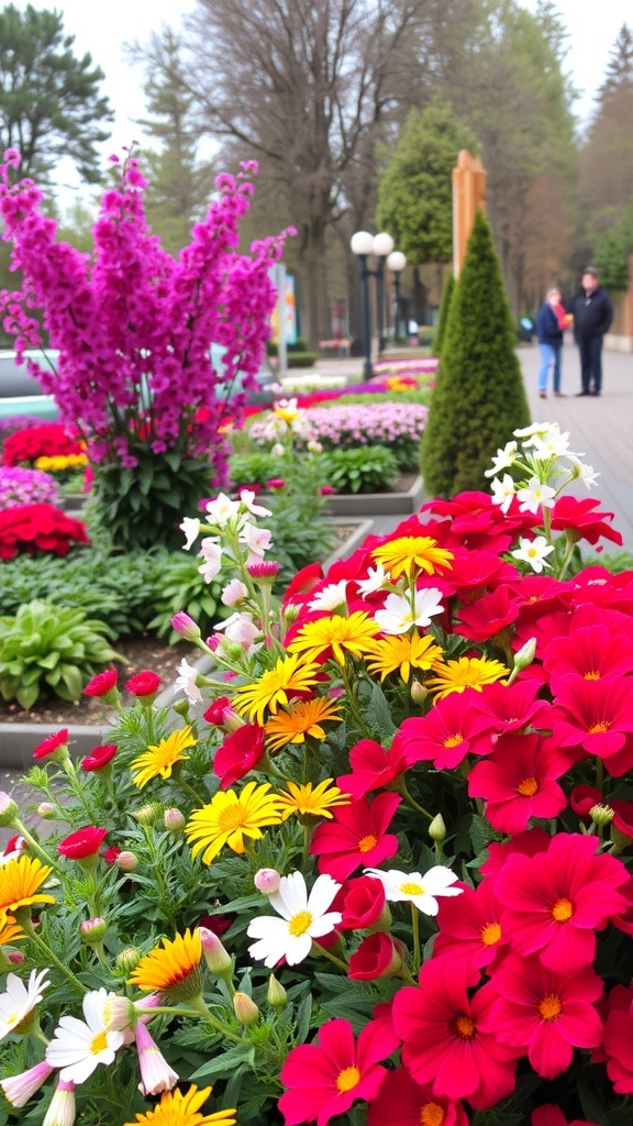 A vibrant display of various flowering plants in a garden, featuring red, yellow, and white flowers with tall purple blooms in the background.