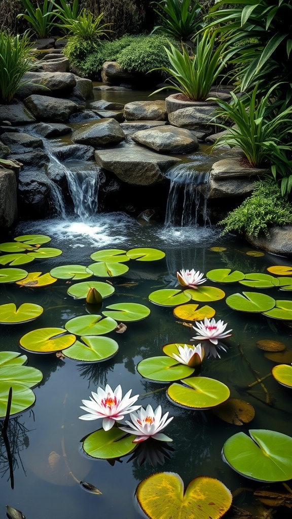 A tranquil water garden featuring lily pads and waterfalls surrounded by lush greenery.