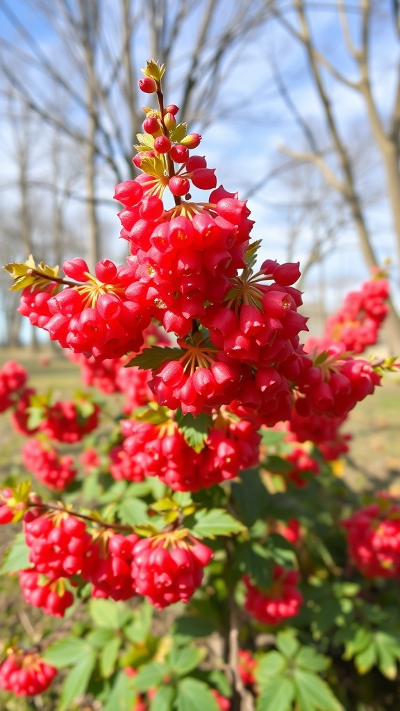 Close-up of Red Flowering Currant with bright red flowers blooming against a blurred background of trees.