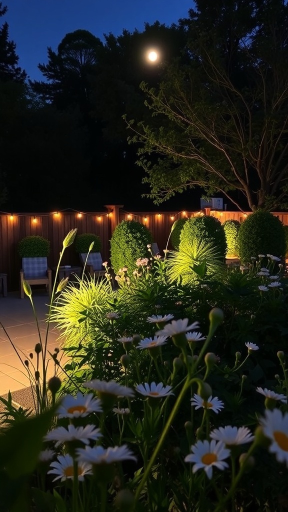 A moonlit garden featuring a pathway surrounded by white flowers and illuminated by a lamp.