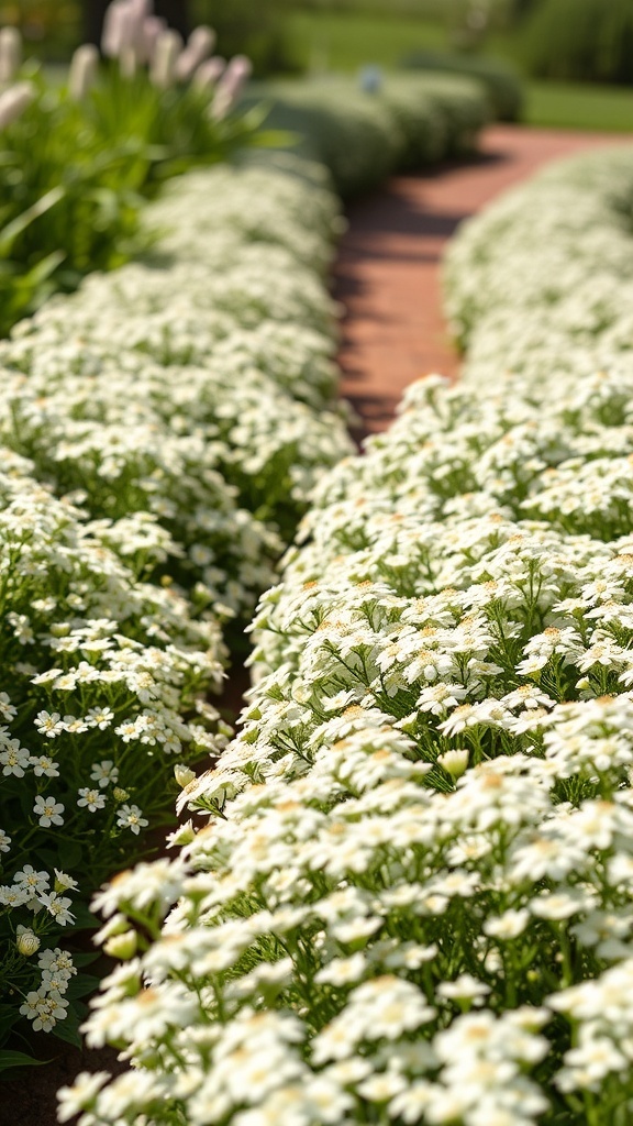 A beautiful row of bright white Candytuft flowers in full bloom along a pathway.