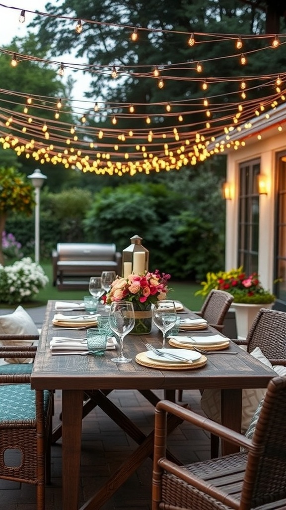 An elegant outdoor dining setup with a long table, twinkling lights, and floral centerpieces.