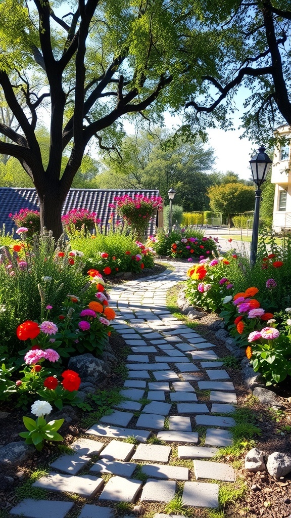 A charming stone pathway surrounded by colorful flowers and trees in a garden.