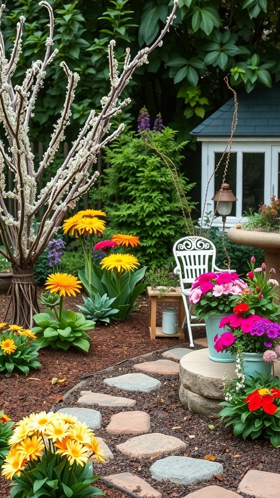 A colorful seasonal garden with flowers, a stone pathway, and a cozy seating area.