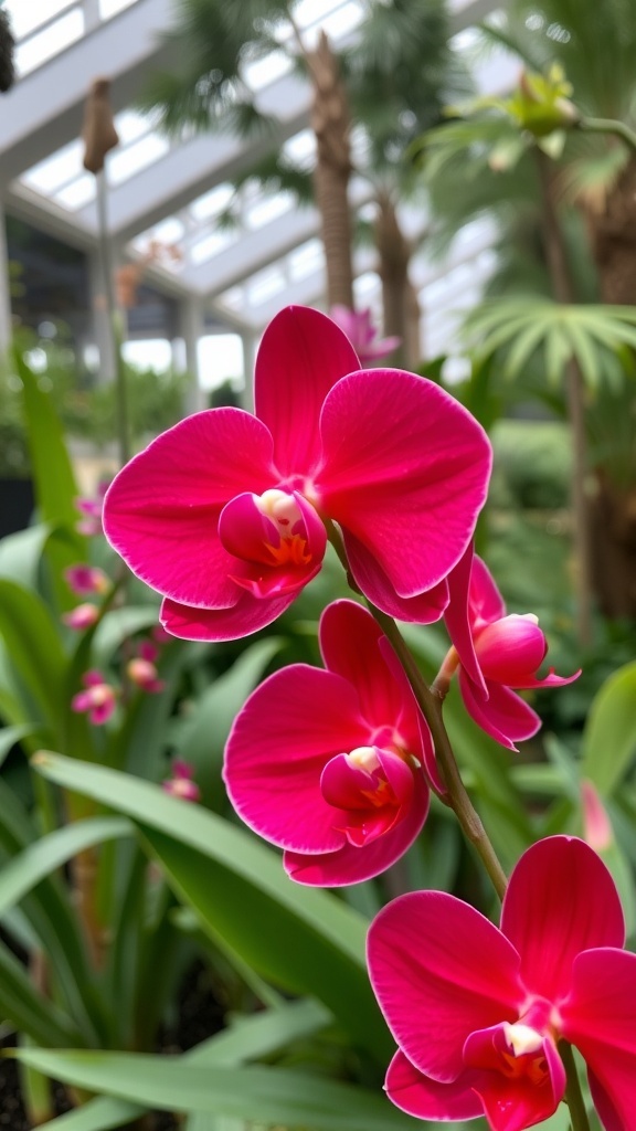A close-up of vibrant red orchids in a garden setting.