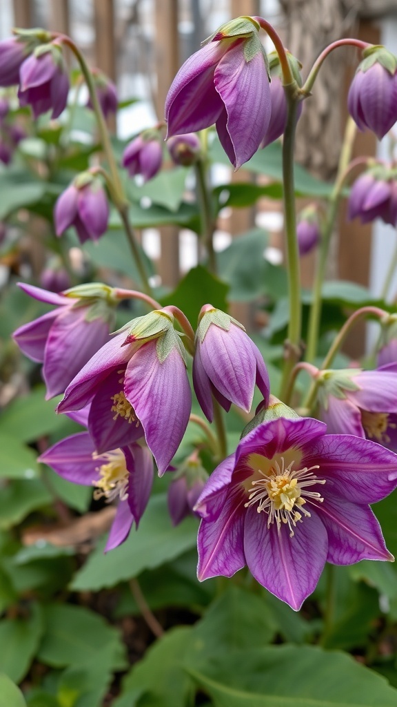 Clusters of purple Hellebore flowers blooming in a garden