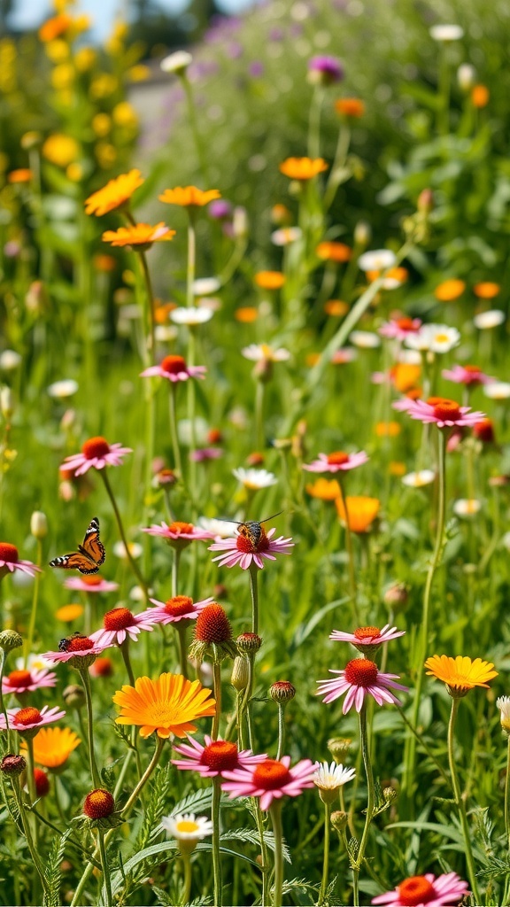 A colorful wildflower meadow with daisies and other flowers, attracting butterflies and bees.