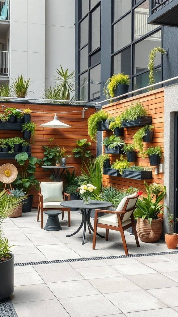 A stylish urban garden with wooden walls, potted plants, and a cozy seating area.