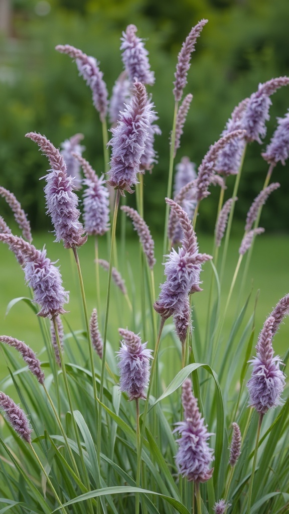 Purple ornamental grasses with fluffy purple plumes swaying in the breeze.