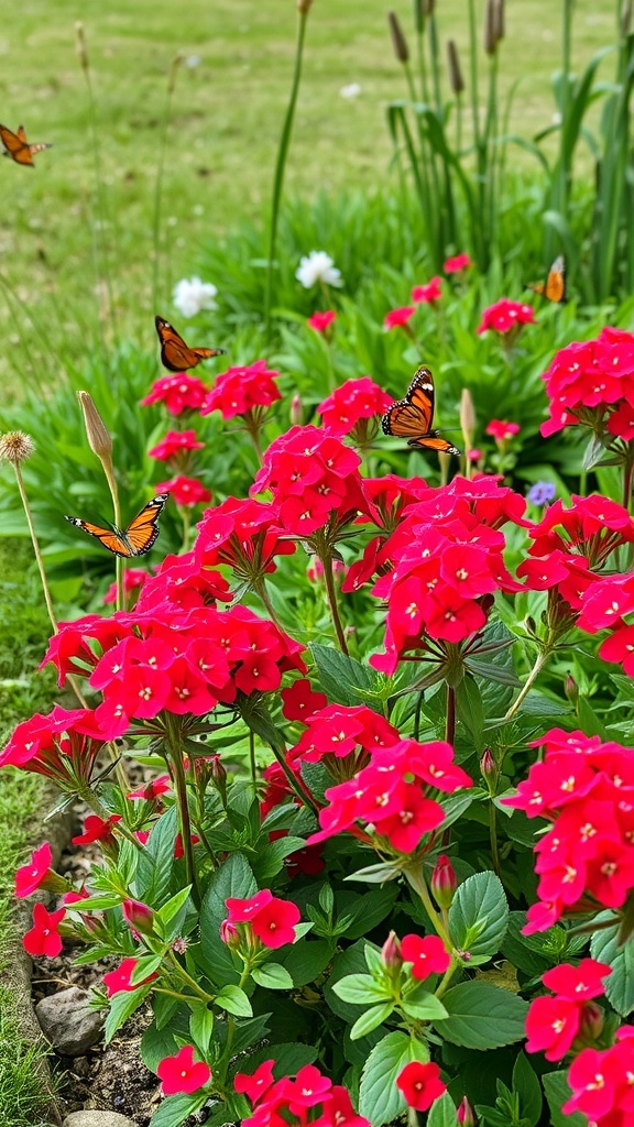 Vibrant red phlox flowers with butterflies in a garden setting