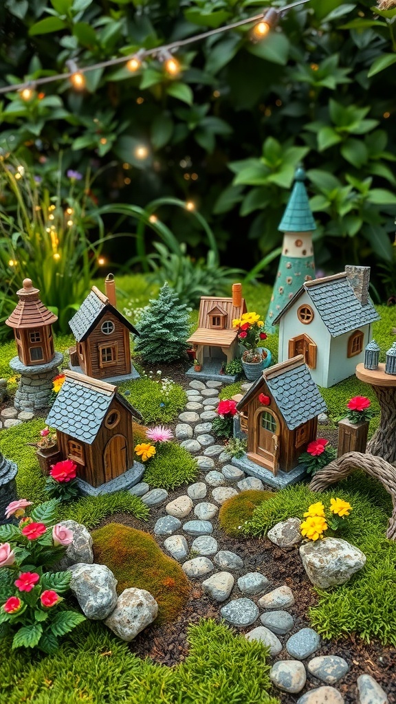 A whimsical fairy garden with miniature houses, colorful flowers, and a stone pathway.