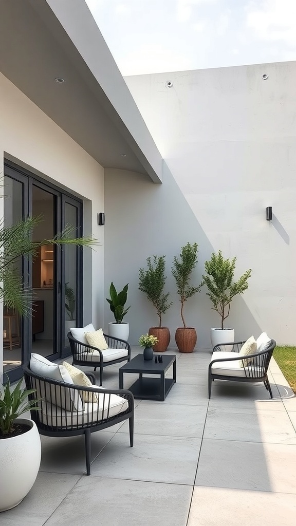 A modern minimalist patio featuring sleek furniture, potted plants, and a clean design.