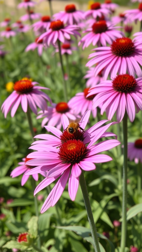 A vibrant display of pink Echinacea flowers with a bee on one of the blooms.