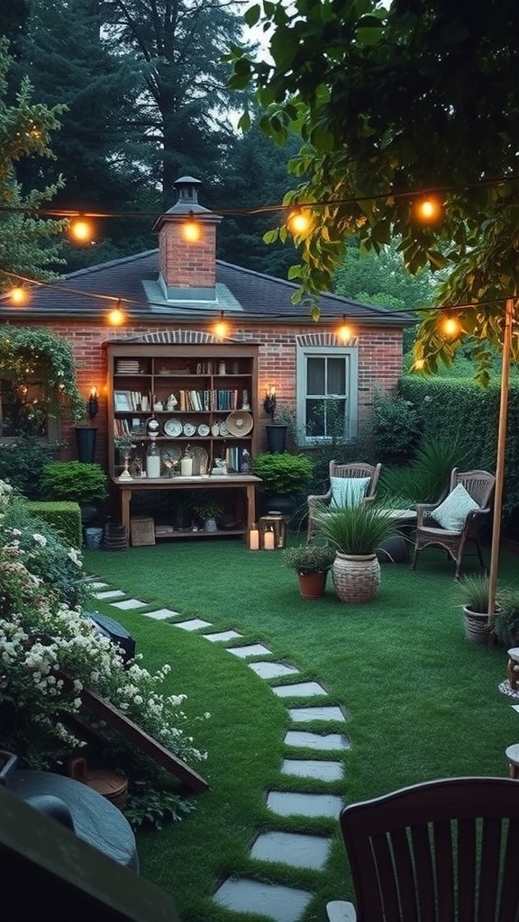 A cozy vintage garden party setup with string lights, wicker chairs, and a rustic shelf.