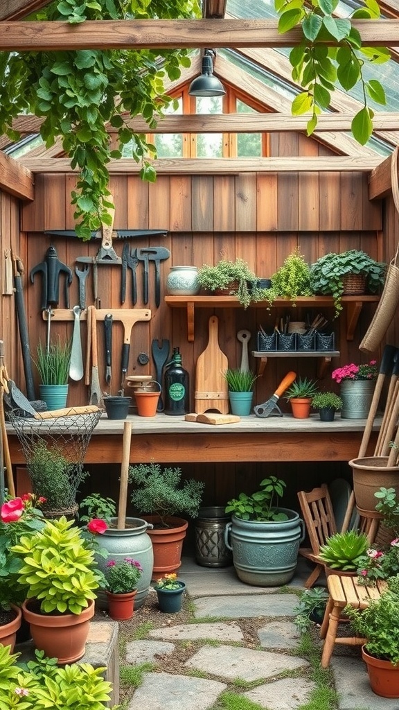 A cozy garden workshop filled with tools and potted plants, showcasing a charming outdoor space.