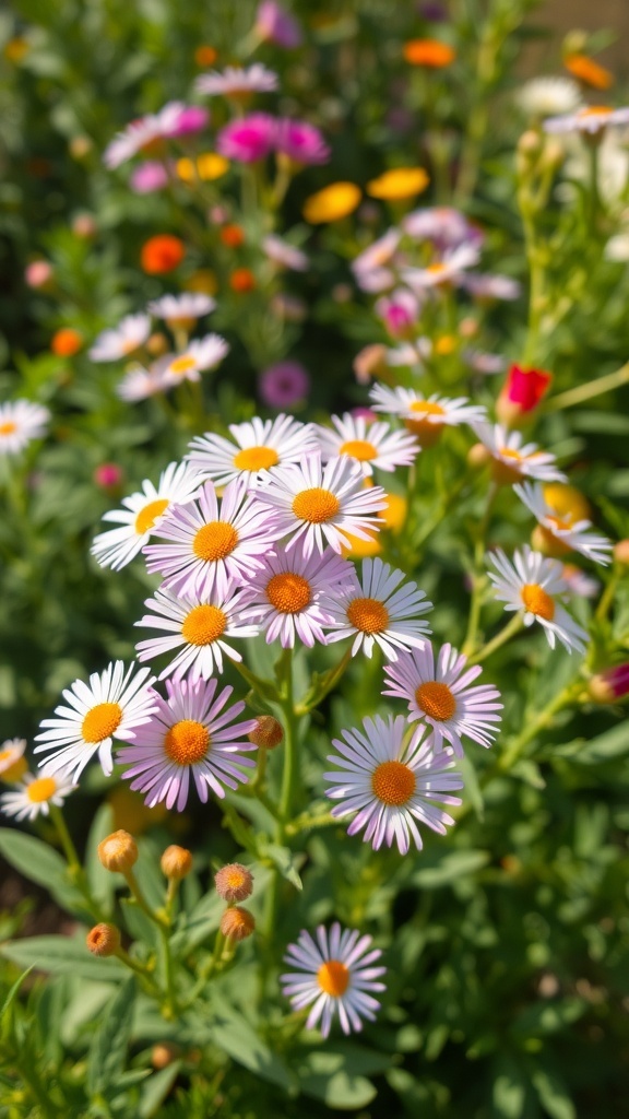 A cluster of beautiful purple aster flowers with yellow centers surrounded by colorful blooms.