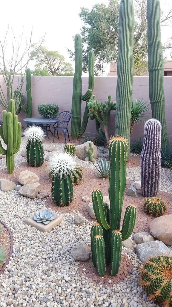 A desert-themed garden featuring a winding stone path surrounded by various succulents and cacti.