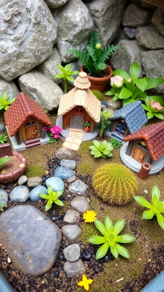A whimsical fairy garden featuring miniature houses, a stone pathway, and vibrant plants.