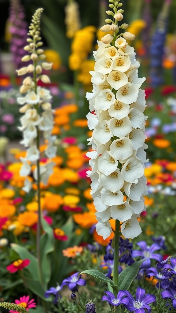 White snapdragons with colorful flowers in the background