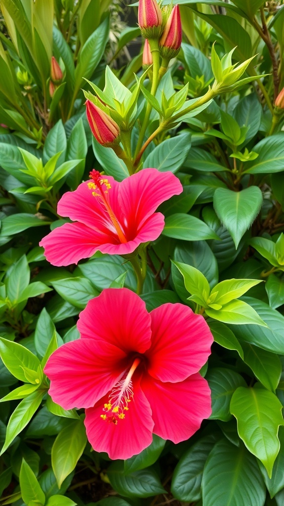Close-up of vibrant red hibiscus flowers surrounded by green leaves