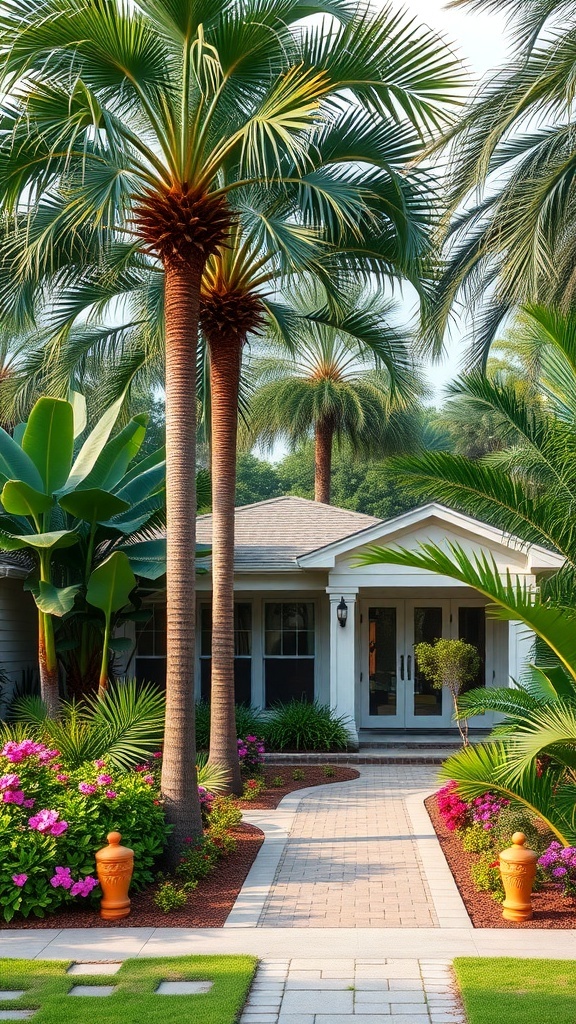 A tropical garden featuring tall palm trees, colorful flowers, and a welcoming pathway leading to a home.