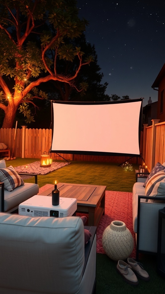 Cozy outdoor movie theater setup with a projector, screen, and comfortable seating under the stars.