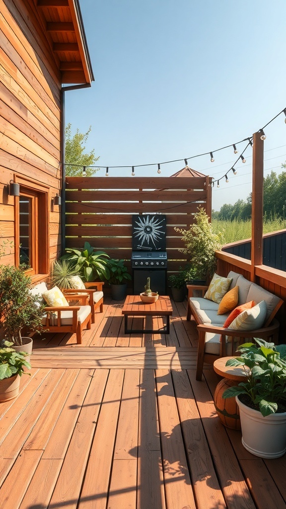 A rustic wood deck with seating, plants, and string lights