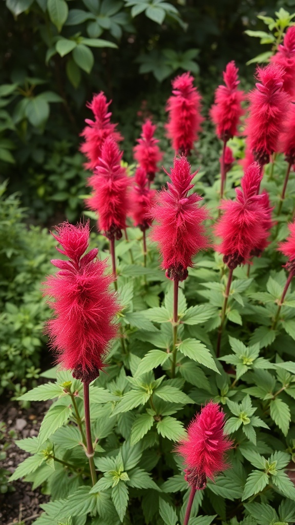 Astilbe flowers with feather-like pink blooms surrounded by green foliage