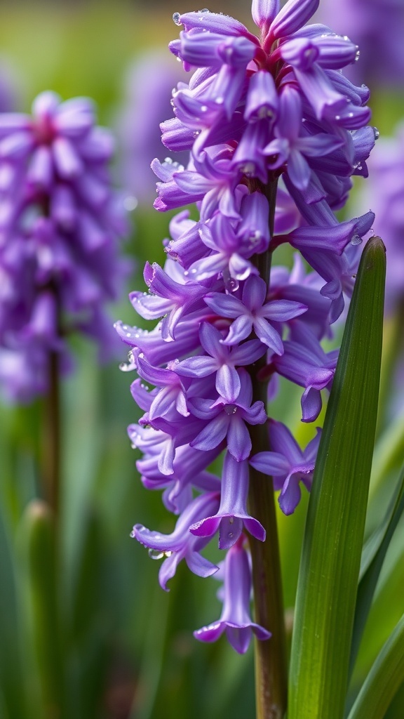 Close-up of purple hyacinth flowers with droplets of water