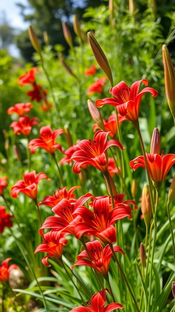 Clusters of vibrant red daylilies in a lush green garden