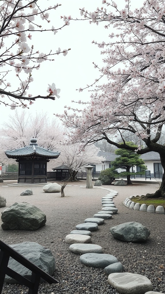 A tranquil Zen garden featuring cherry blossom trees, a stone pathway, and a gazebo.