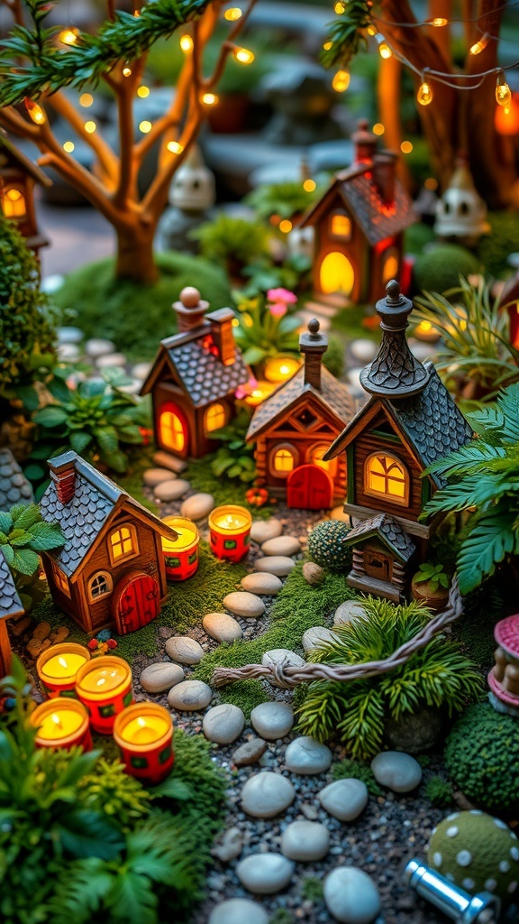 A vibrant enchanted fairy garden featuring miniature houses, a stone pathway, and lush greenery.
