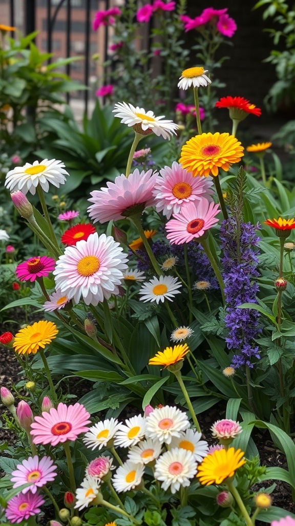 A colorful garden filled with daisies and gerbera daisies in shades of pink, yellow, and white.