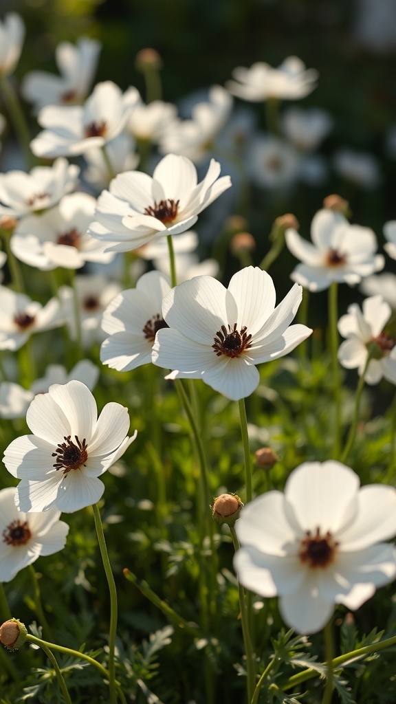 A cluster of white anemones with dark centers blooming in a garden