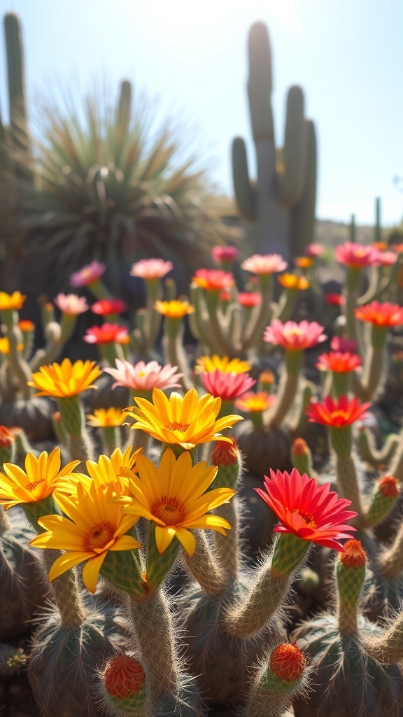 A colorful display of cactus flowers in full bloom under the sun.