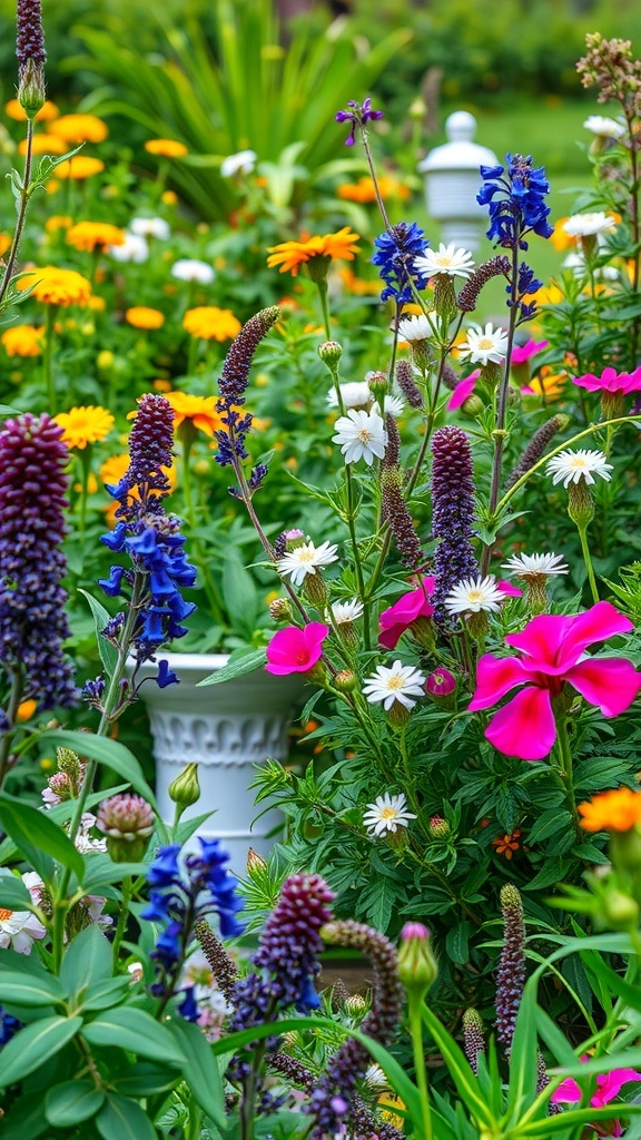 A colorful garden filled with various flowers including daisies, petunias, and marigolds.