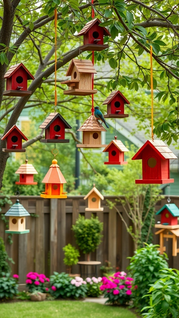 Colorful birdhouses hanging from a tree in a backyard garden
