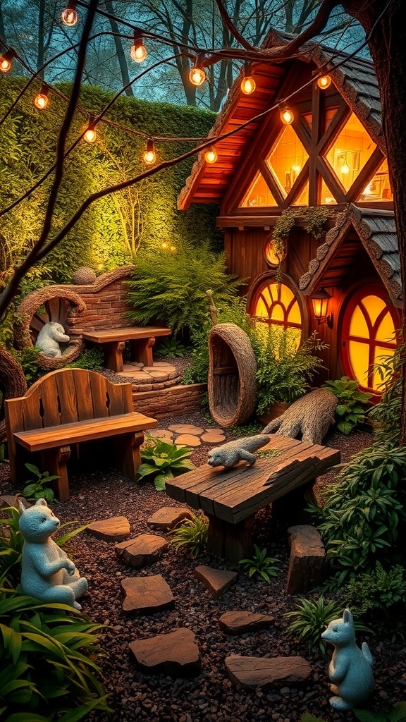 A magical woodland garden featuring a cozy house, playful animal sculptures, and soft lighting.