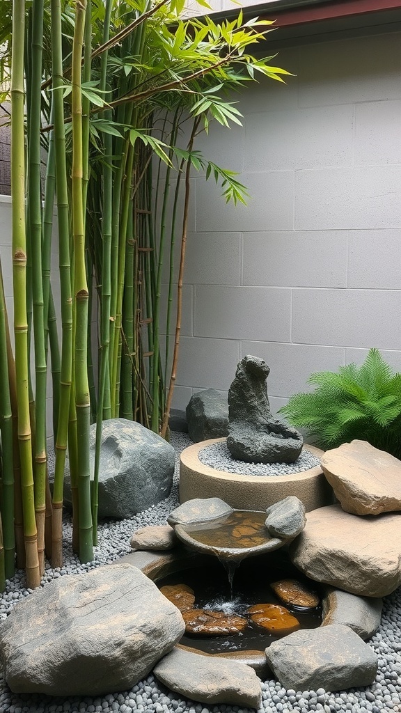 A serene Zen garden with bamboo, stones, and a small water feature.