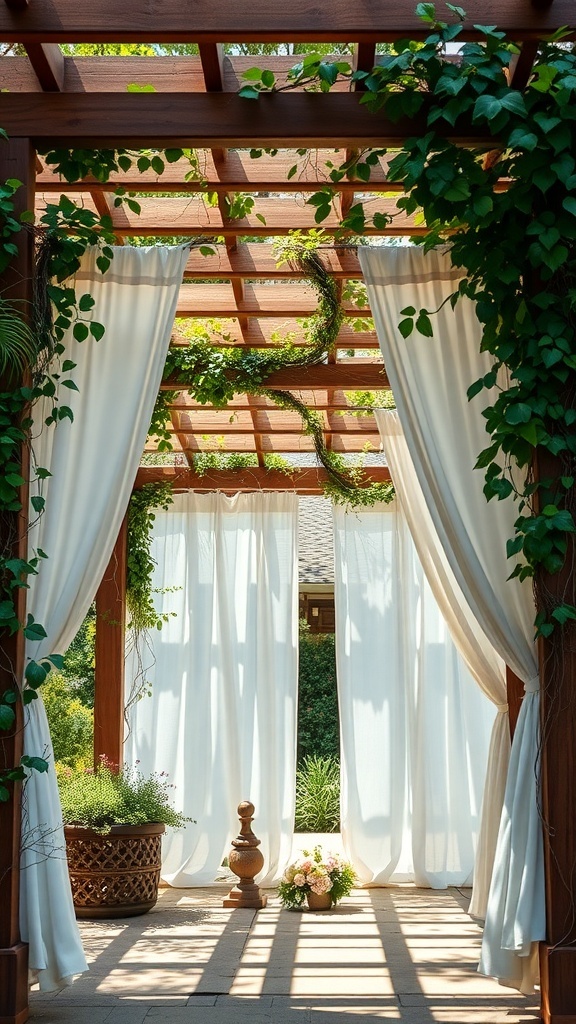 A charming wooden pergola with greenery and flowing curtains, creating a cozy outdoor space.